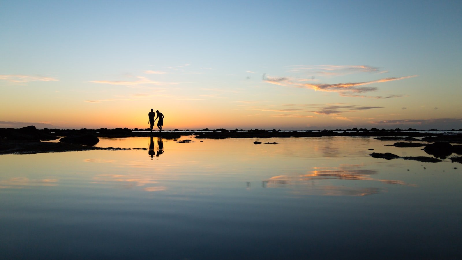 Duas pessoas em silhueta posicionadas no terço esquerdo de uma praia ao pôr do sol, exemplo clássico da regra dos terços